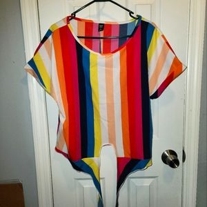 Shein curve striped short sleeve tie front top